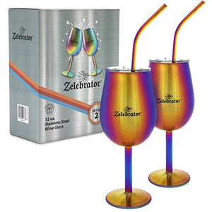 Stainless Steel Wine Glass, Set of 2, with Stem and Lid - Rainbow - EK CHIC HOME
