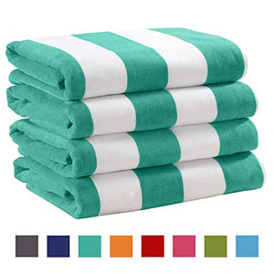 4 Pack Plush Velour 100% Cotton Beach Towels. Cabana Stripe - EK CHIC HOME