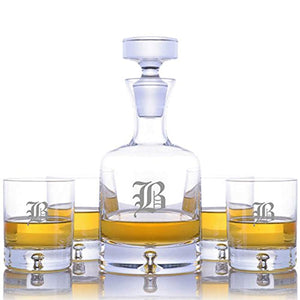 Personalized Ravenscroft Lead-free Crystal Taylor Whiskey Liquor Decanter & 4 Rocks Glasses with Walnut Serving & Presentation Tray - EK CHIC HOME