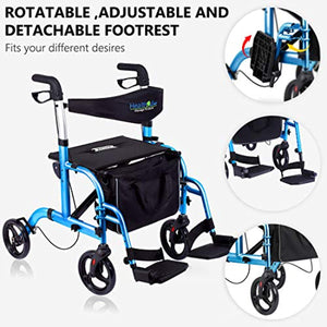 2 in 1 Rollator-Transport Chair w/Paded Seatrest, Reversible Backrest and Detachable Footrests - EK CHIC HOME