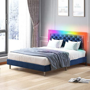 Platform Bed Frame with RGB LED Headboard, Queen Size Bed Frame with Music - EK CHIC HOME