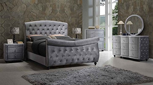 5 pc. Queen Size Bed, 2 Night Stands, Dresser, Mirror Diamonds Tufted - EK CHIC HOME
