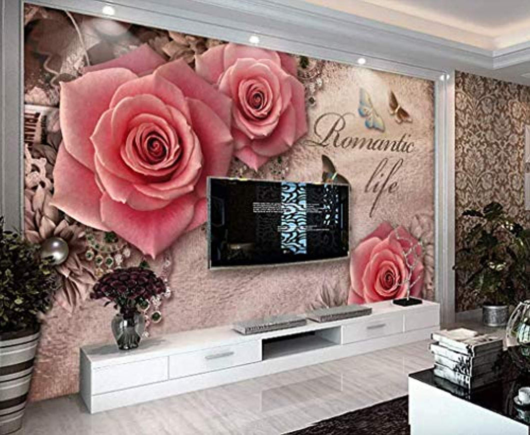 Floral Wallpaper Pink Rose Wall Mural Lux Diamond Wall Art British Home Decor Cafe Design Living Room Bedroom - EK CHIC HOME