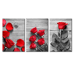 3 Panel Canvas Wall Art - Black and White Roses with Touch of Red Color - Giclee Print Gallery Wrap Modern Home Decor Ready to Hang - EK CHIC HOME