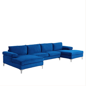 Large Velvet Fabric U-Shape Sectional Sofa, Deep Blue - EK CHIC HOME