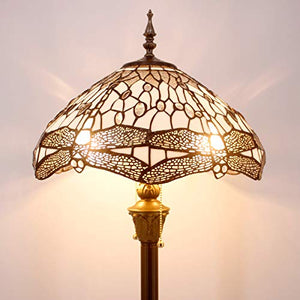 Tiffany Floor Standing Lamp 64 Inch Tall White Clear Stained Glass Shade Crystal Bead Dragonfly - EK CHIC HOME