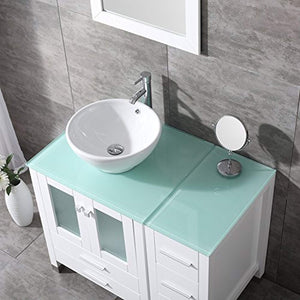 36" White Bathroom Wood Vanity Cabinet Ceramic Vessel Sink Top Faucet Drain Combo with Mirror Vanities Set - EK CHIC HOME