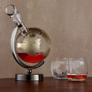 Gold Etched Globe Whiskey Decanter with Gunmetal Finish Stand - EK CHIC HOME