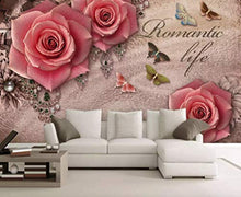 Load image into Gallery viewer, Floral Wallpaper Pink Rose Wall Mural Lux Diamond Wall Art British Home Decor Cafe Design Living Room Bedroom - EK CHIC HOME