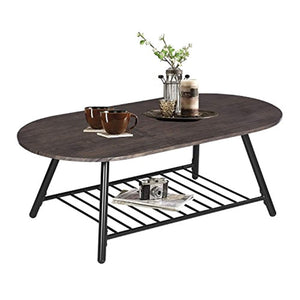 Coffee Table Wooden Industrial Feel Round Cocktail Table with Lower Metal Frame - EK CHIC HOME
