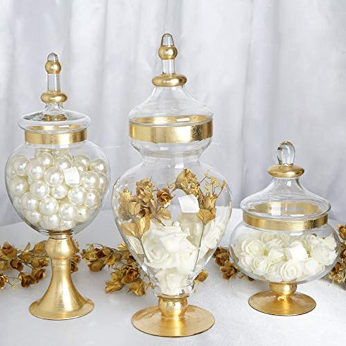 Set of 3 Metallic Gold Rimmed Apothecary Glass Candy Jars - EK CHIC HOME