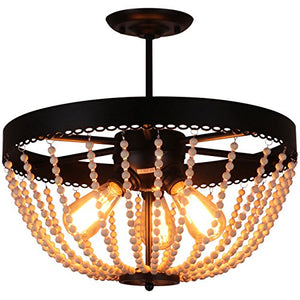 Rustic Black Metal and Wood Bead Decoration Semi Flush Mount Ceiling - EK CHIC HOME