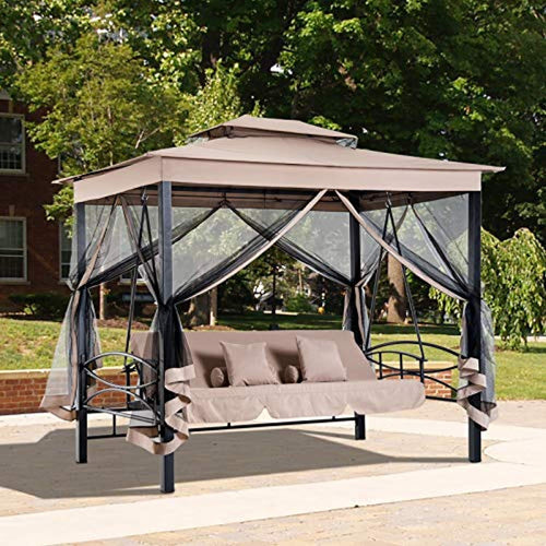 Garden Porch Swing Chair with Mesh Wall Daybed Canopy Gazebo Steel Frame 3 Person - EK CHIC HOME