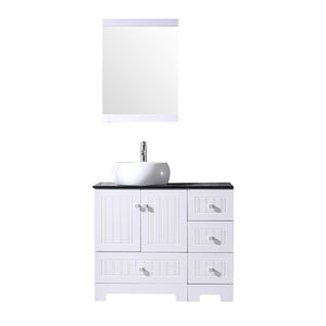 36" White Bathroom Vanity Cabinet Single Square Ceramic Vessel Sink Top Faucet Drain with Mirror - EK CHIC HOME