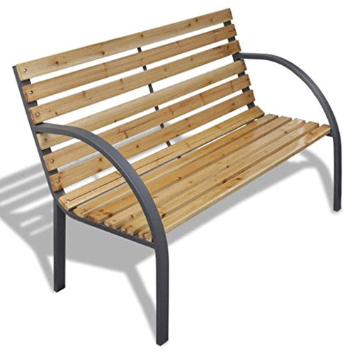Patio Outdoor Garden Bench Wooden Iron Metal Curved Back/Armrests - EK CHIC HOME