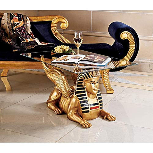 Egyptian Sphinx Glass Topped Sculptural Table- Gold & Egyptian Palette - EK CHIC HOME