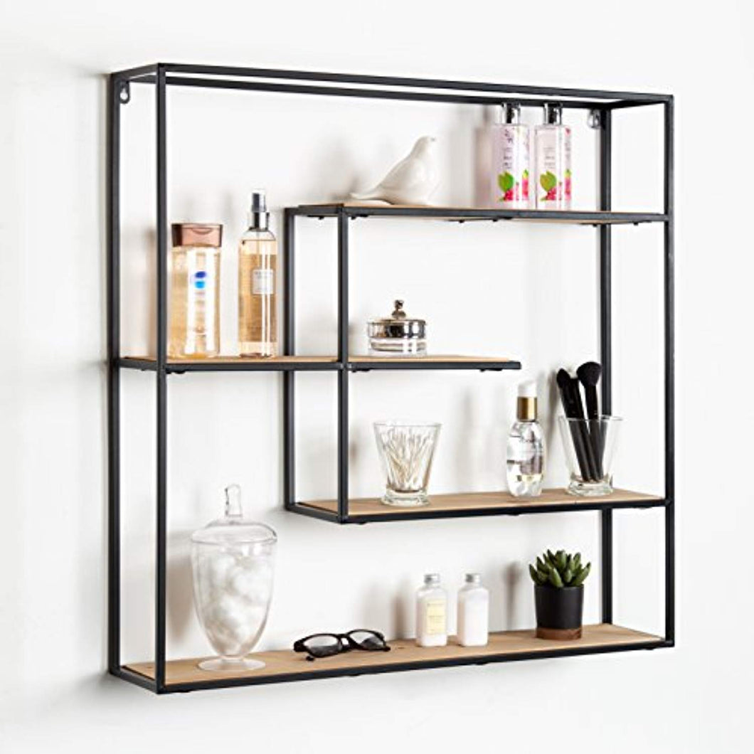 Large Modern Decorative Floating Wall Shelves with Black Metal Frame, Rustic Brown Wood - EK CHIC HOME