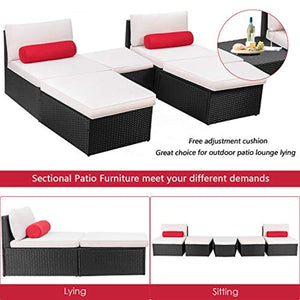 Devoko 5 Pieces Patio Outdoor Furniture Set All Weather PE Wicker Sectional Patio Chaise Lounge Sets with Cushion (Black) - EK CHIC HOME