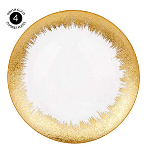 13" Brush Gold Foil Leaf Rim Glass Charger Plates, Modern Glam Look, Bulk Set of 4 - EK CHIC HOME