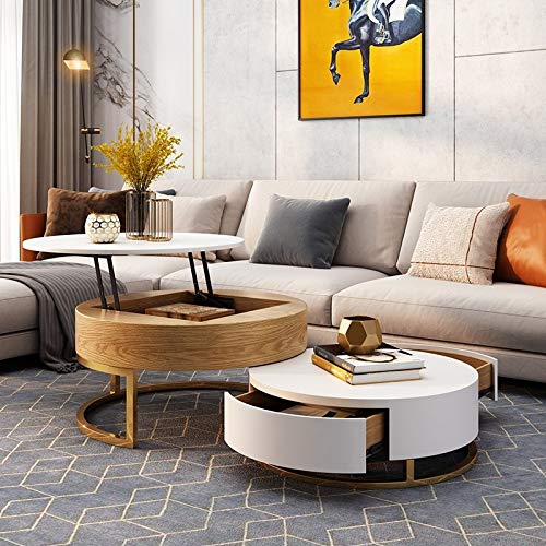 Round Coffee Table White with Storage Lift-Top - EK CHIC HOME