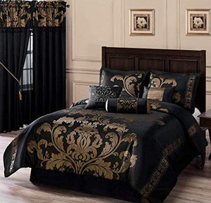 7-Piece Jacquard Floral Comforter Set Bed-in-a-Bag Set Black Gold - EK CHIC HOME