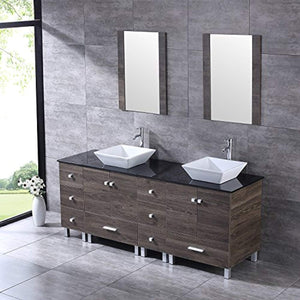 72" Double Wood Bathroom Vanity Cabinet and Square Ceramic Vessel Sink w/Mirror Faucet Combo - EK CHIC HOME