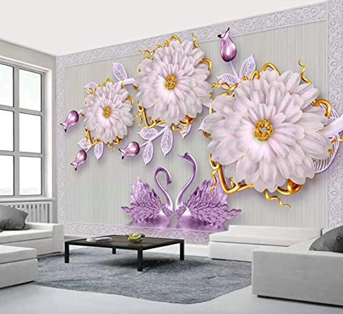 Swan Wallpaper Purple Floral Wall Mural 3D Tulip Blossom Wall Print - EK CHIC HOME