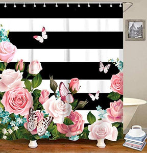 Black and White Striped Shower Curtain with Pink Roses - EK CHIC HOME