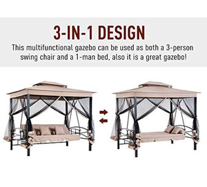 Garden Porch Swing Chair with Mesh Wall Daybed Canopy Gazebo Steel Frame 3 Person - EK CHIC HOME