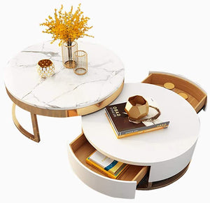 White Round Coffee Table with Storage White Faux Marble - EK CHIC HOME