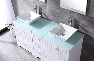 60" White Double Bathroom Vanity Cabinets and Square Ceramic Vessel Sinks w/Mirrors Faucet Drain Combo - EK CHIC HOME
