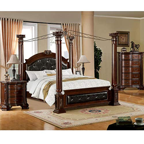 Luxury Brown Cherry 3-Piece Baroque Style Canopy Bedroom Set Queen - EK CHIC HOME