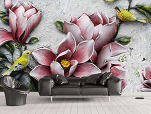 Floral Wallpaper 3D Embossed Lily Wall Mural Vintage Flower Wall Print Colorful Birds Wall Art Retro Home Decor Entryway - EK CHIC HOME