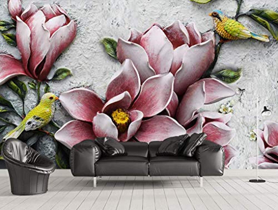 Floral Wallpaper 3D Embossed Lily Wall Mural Vintage Flower Wall Print Colorful Birds Wall Art Retro Home Decor Entryway - EK CHIC HOME