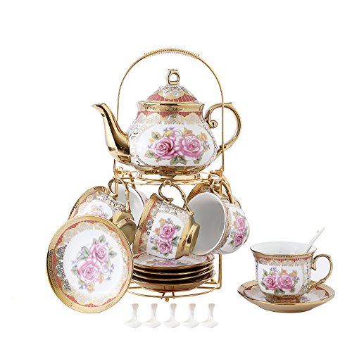 13 Piece European Retro Titanium Ceramic Tea Set With Metal Holder - EK CHIC HOME