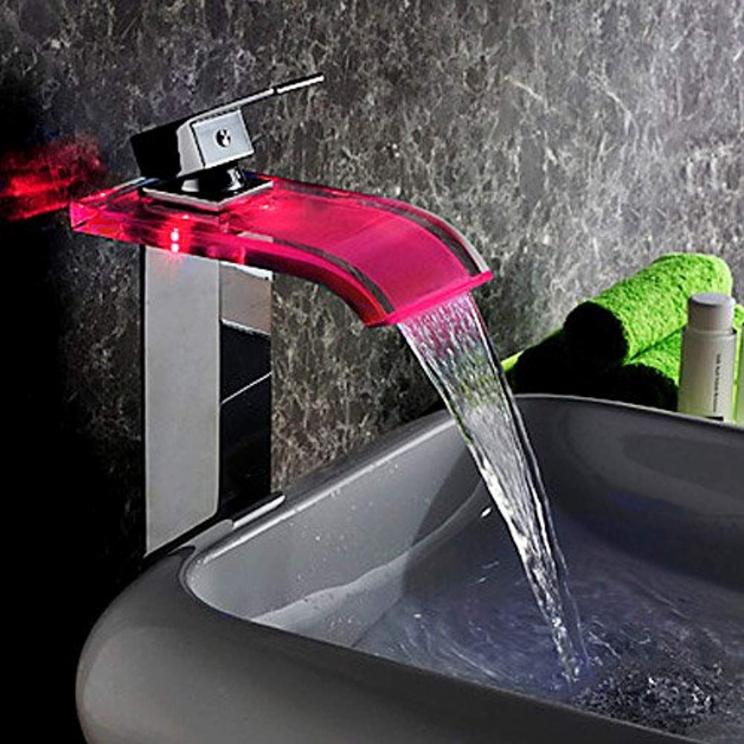 Solid Brass LED Waterfall Glass Spout Single Hole Bathroom Vessel Sink Faucet - EK CHIC HOME
