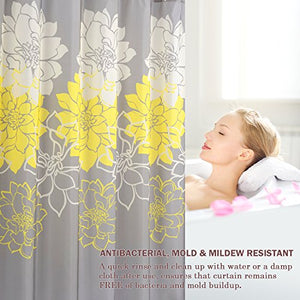 Peony Flower Fabric Shower Curtain Mildew Resistant Yellow and Grey, 72 x 72 - EK CHIC HOME