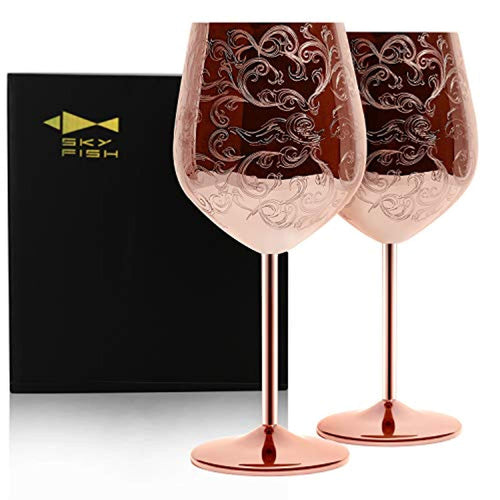 Etched Stainless Steel Wine Glasses With Copper Plated,Set of 2 - EK CHIC HOME