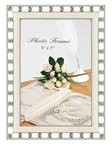 Elegance Metal Picture Frame Silver with White Cream Enamel and Crystals 5 x 7 Inch - EK CHIC HOME