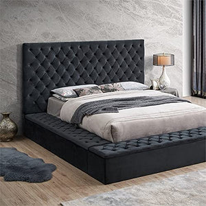 Velvet Upholstered Button Tufted Platform Queen Bed in Black - EK CHIC HOME