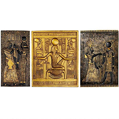 Egyptian Temple Steles Tutankhamen, Isis and Horus Wall Sculpture Plaques, 10 Inch, Set of Three - EK CHIC HOME