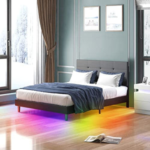 Queen Size Platform Bed Frame with Smart RGB LED Strip Light - EK CHIC HOME