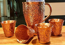 Load image into Gallery viewer, Embossed Moscow Mule Copper Bundle - Includes 4 Copper Mugs and Matching Shot Glasses - EK CHIC HOME