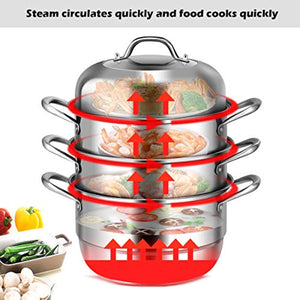 3-Tier Stainless Steel Steamer, 11'' Multi-Layer Boiler Pot with Handles on Both Sides - EK CHIC HOME