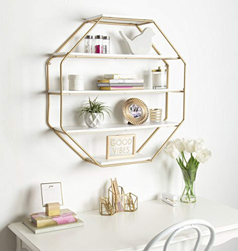 Lintz Large Octagon Floating Wall Shelves with Metal Frame, Gold and White - EK CHIC HOME