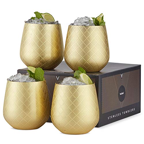 Gold Stemless Wine Glasses, Etched Gold Stainless Steel, 12oz Cups, Set of 4 - EK CHIC HOME