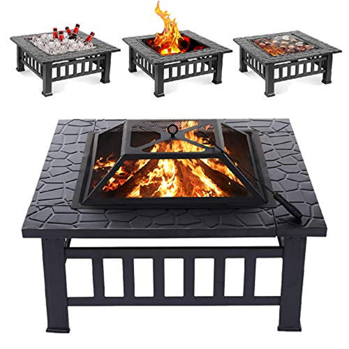 Fire Pit, 32 Inch Metal Square Patio Backyard Fire Pits Outdoor - EK CHIC HOME