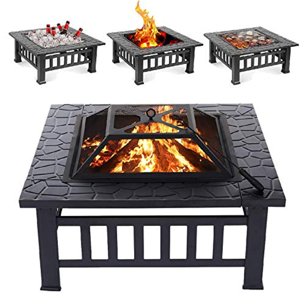 Fire Pit, 32 Inch Metal Square Patio Backyard Fire Pits Outdoor - EK CHIC HOME