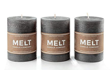 Load image into Gallery viewer, Set of 3 Charcoal Pillar Candles Dark Grey 3&quot; x 4&quot; Gray Rustic Unscented Dripless - EK CHIC HOME