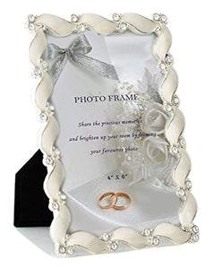 Waves design Cream White Enamel Picture Frame Metal with Silver Plated and Crystals 4 x 6 inch - EK CHIC HOME